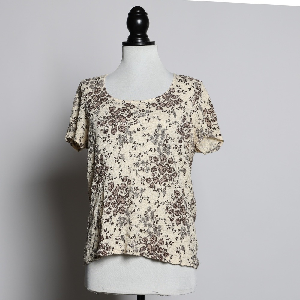 Fairycore Floral Crinkle Scoop Neck Blouse Brown Cream Large Cottagecore Boho